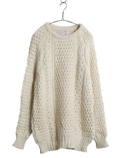 80s アイランド製 Slieve League フィッシャーマン ウール ニット セーター メンズ L ヴィンテージ ハンドメイド ケーブル ナチュラル 無地