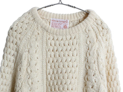 80s アイランド製 Slieve League フィッシャーマン ウール ニット セーター メンズ L ヴィンテージ ハンドメイド ケーブル ナチュラル 無地