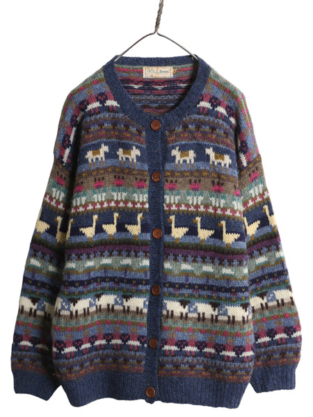 80s エルエルビーン デザイン ニット カーディガン レディース M / ヴィンテージ ウール 前開き 羽織り 絵柄 イラスト アニマル バーズアイ