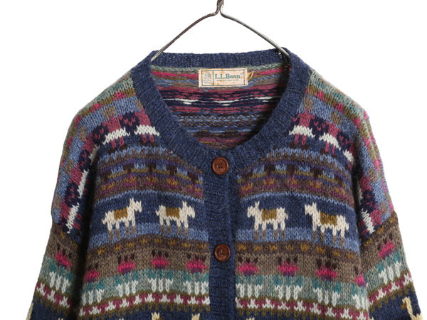 80s エルエルビーン デザイン ニット カーディガン レディース M / ヴィンテージ ウール 前開き 羽織り 絵柄 イラスト アニマル バーズアイ