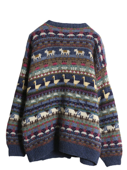 80s エルエルビーン デザイン ニット カーディガン レディース M / ヴィンテージ ウール 前開き 羽織り 絵柄 イラスト アニマル バーズアイ