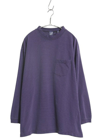 90s オールド ギャップ モックネック ボーダー ポケット付き 長袖 Tシャツ メンズ XL オールド ロンT ポケT カットソー 大きいサイズ 黒 紫