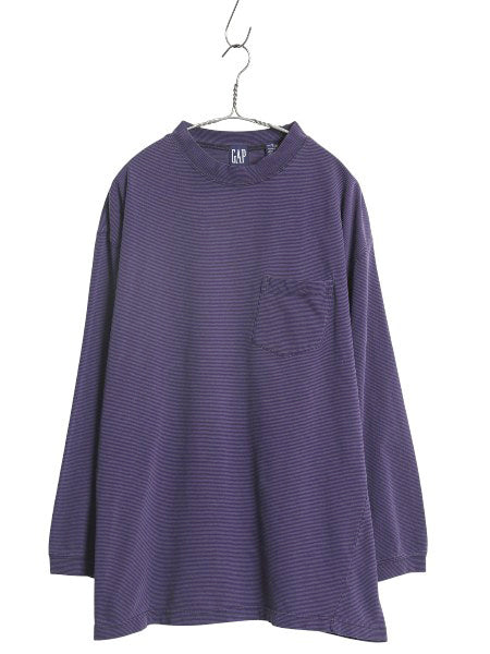 90s オールド ギャップ モックネック ボーダー ポケット付き 長袖 Tシャツ メンズ XL オールド ロンT ポケT カットソー 大きいサイズ 黒 紫