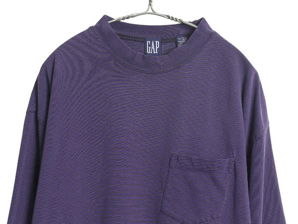90s オールド ギャップ モックネック ボーダー ポケット付き 長袖 Tシャツ メンズ XL オールド ロンT ポケT カットソー 大きいサイズ 黒 紫