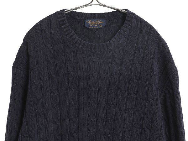 90s ブルックスブラザーズ コットン ケーブル ニット セーター メンズ XL / オールド 長袖ニット 無地 クルーネック 大きいサイズ ネイビー