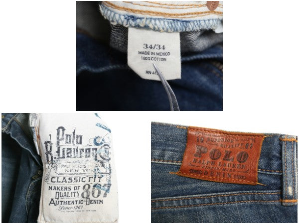 ポロ ラルフローレン デニムパンツ メンズ 34 34 ヴィンテージ 加工 ジーンズ ジーパン ストレート シングルステッチ 革パッチ ヒゲ アタリ