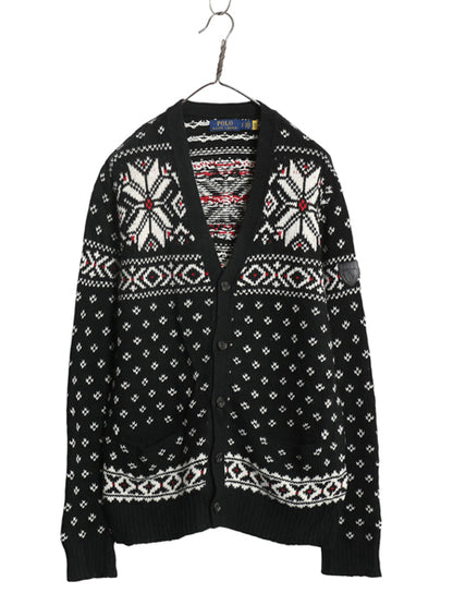 ポロ ラルフローレン ニット カーディガン メンズ S / コットン カシミヤ ノルディック バーズアイ 重ね着 前開き ポケット付き ブラック  