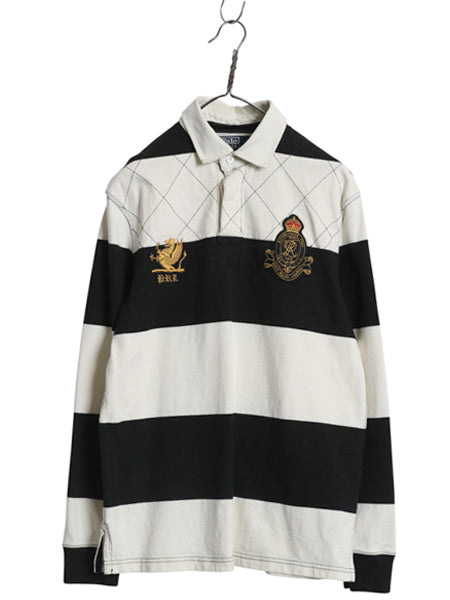 90s ポロ ラルフローレン ボーダー 長袖 ラガーシャツ メンズ M オールド ラグビー 長袖シャツ ポロシャツ カットソー ナンバリング 黒 白