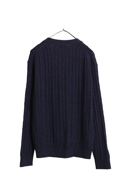 70s Sears Kings Road ケーブル ニット カーディガン メンズ  L 古着 ヴィンテージ アクリル セーター 重ね着 前開き 羽織り 無地 ネイビー