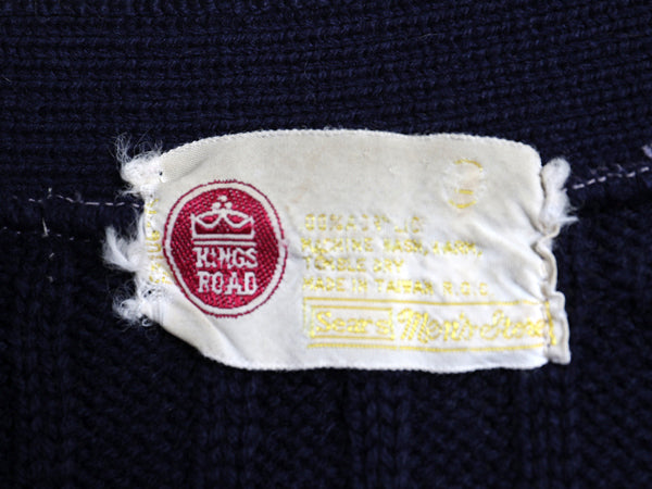 70s Sears Kings Road ケーブル ニット カーディガン メンズ  L 古着 ヴィンテージ アクリル セーター 重ね着 前開き 羽織り 無地 ネイビー