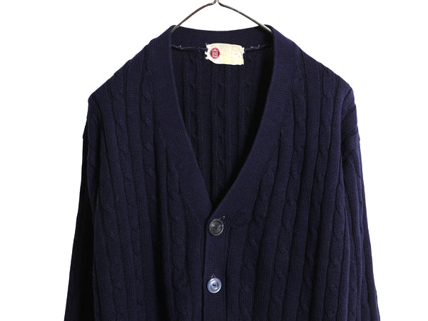 70s Sears Kings Road ケーブル ニット カーディガン メンズ  L 古着 ヴィンテージ アクリル セーター 重ね着 前開き 羽織り 無地 ネイビー