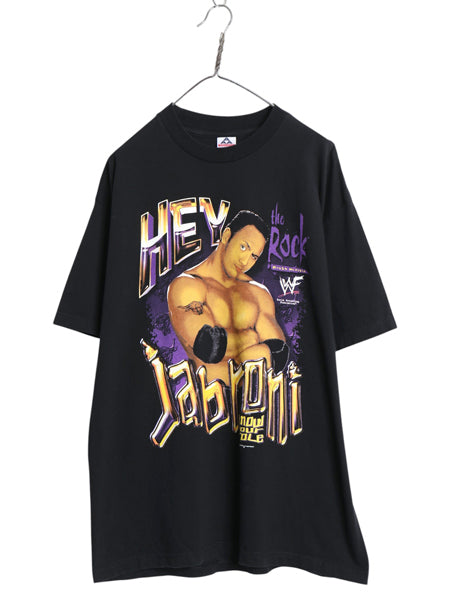 90s ★ WWF オフィシャル ザロック プリント Tシャツ メンズ XL / オールド プロレス 当時物 ドウェインジョンソン ロック様 イラスト 黒