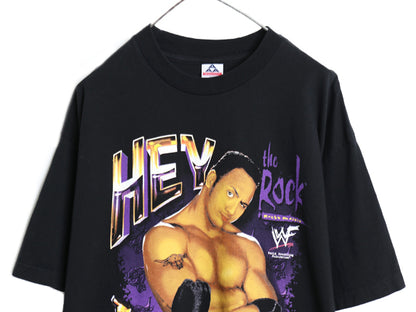 90s ★ WWF オフィシャル ザロック プリント Tシャツ メンズ XL / オールド プロレス 当時物 ドウェインジョンソン ロック様 イラスト 黒
