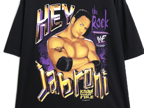 90s ★ WWF オフィシャル ザロック プリント Tシャツ メンズ XL / オールド プロレス 当時物 ドウェインジョンソン ロック様 イラスト 黒
