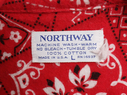 70s USA製 NORTHWAY バンダナ 総柄 プリント フランネル ウエスタン シャツ メンズ L / ヴィンテージ ネルシャツ プリネル パッチワーク 赤