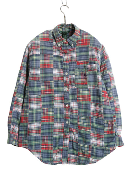 90s ローレン ラルフローレン パッチワーク 長袖 ボタンダウン シャツ レディース S 古着 オールド コットン チェック クレイジー パターン