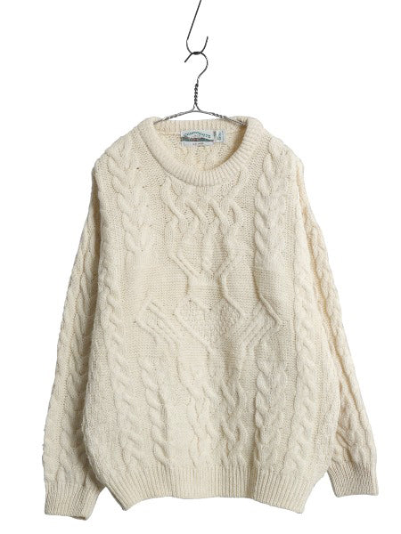 アイルランド製 aran crafts フィッシャーマン ウール ニット セーター メンズ レディース M 古着 アラン ケーブル ローゲージ ナチュラル