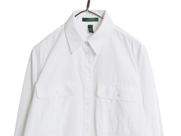00s ローレン ラルフローレン 長袖 シャツ レディース L オールド ポロ コットン ブラウス ポケット マチ付き 無地 シンプル 白 ワイシャツ