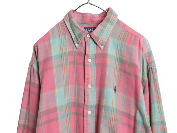 90s BIG SHIRT ラルフローレン チェック ボタンダウン シャツ メンズ L / オールド ポロ ワンポイント ゆったり カジュアル マルチカラー
