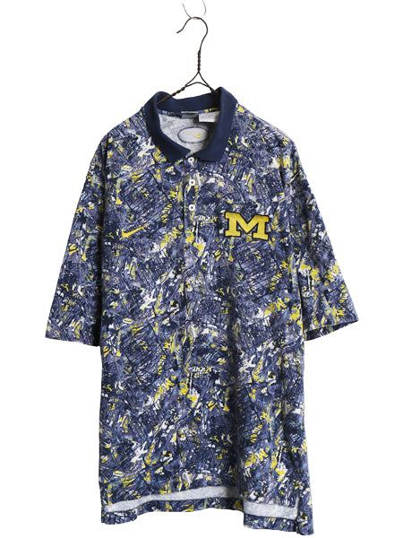 00s ☆ ナイキ ミシガン大学 総柄 ポロシャツ メンズ XL / オールド カレッジ スウォッシュ ワンポイント オーバル ロゴ 刺繍 ボックス Y2K