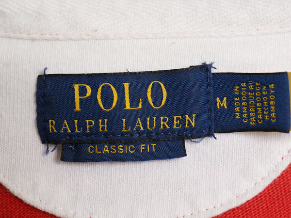 ポロ ラルフローレン ボーダー 長袖 ラガーシャツ メンズ M ラグビー CLASSIC FIT コットン ワンポイント ポニー ボックス ツートン 赤 白