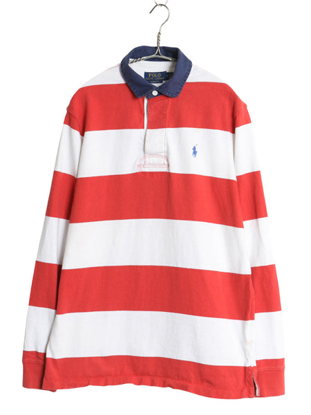 ポロ ラルフローレン ボーダー 長袖 ラガーシャツ メンズ M ラグビー CLASSIC FIT コットン ワンポイント ポニー ボックス ツートン 赤 白