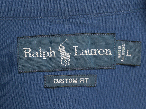 00s ラルフローレン 長袖 ボタンダウン シャツ メンズ L / オールド ポロ CUSTOM FIT コットン ワンポイント ポニー BD 細身 無地 ブルー 