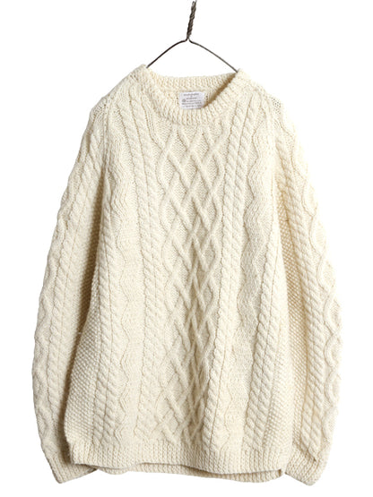90s スコットランド製 フィッシャーマン ウール ニット セーター メンズ レディース L オールド ハンドメイド アラン ケーブル ナチュラル