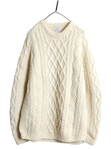 90s スコットランド製 フィッシャーマン ウール ニット セーター メンズ レディース L オールド ハンドメイド アラン ケーブル ナチュラル