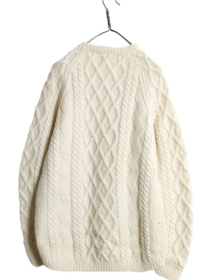 90s スコットランド製 フィッシャーマン ウール ニット セーター メンズ レディース L オールド ハンドメイド アラン ケーブル ナチュラル