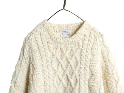 90s スコットランド製 フィッシャーマン ウール ニット セーター メンズ レディース L オールド ハンドメイド アラン ケーブル ナチュラル