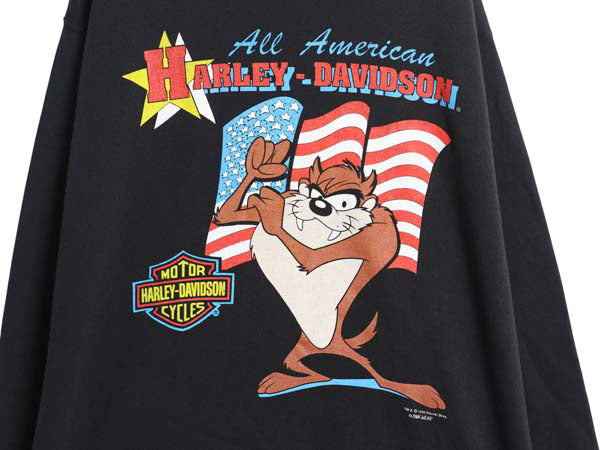 90s タズマニアンデビル × ハーレー ダビッドソン プリント スウェット メンズ レディース L オールド トレーナー 星条旗 キャラクター 黒