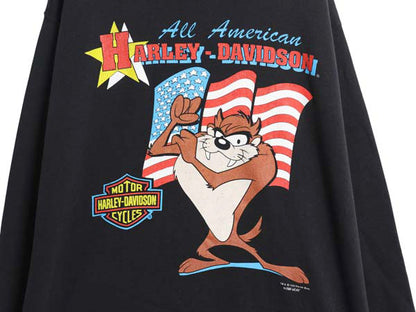 90s タズマニアンデビル × ハーレー ダビッドソン プリント スウェット メンズ レディース L オールド トレーナー 星条旗 キャラクター 黒