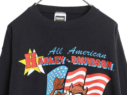 90s タズマニアンデビル × ハーレー ダビッドソン プリント スウェット メンズ レディース L オールド トレーナー 星条旗 キャラクター 黒