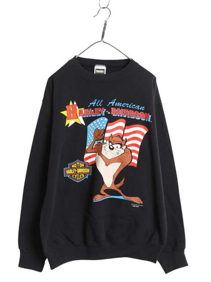 90s タズマニアンデビル × ハーレー ダビッドソン プリント スウェット メンズ レディース L オールド トレーナー 星条旗 キャラクター 黒