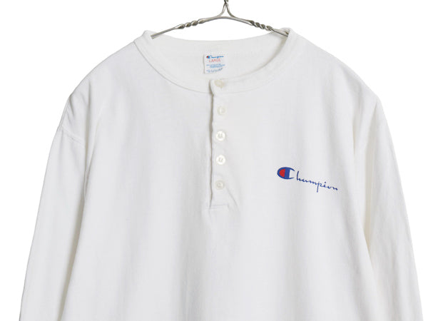 80s USA製 チャンピオン ヘンリーネック 長袖 Tシャツ メンズ L / ヴィンテージ ロンT ロングスリーブ スクリプト ワンポイント カットソー