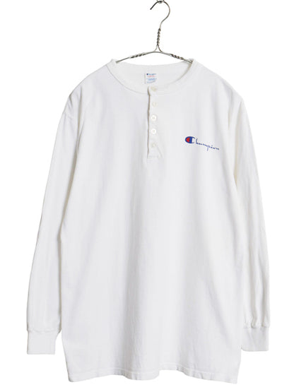 80s USA製 チャンピオン ヘンリーネック 長袖 Tシャツ メンズ L / ヴィンテージ ロンT ロングスリーブ スクリプト ワンポイント カットソー