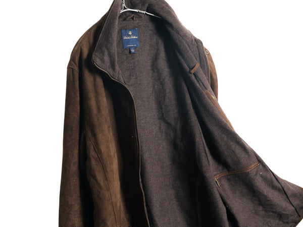 ブルックスブラザーズ 本革 ヌバック レザー ハーフ コート メンズ L / 革ジャン ジャケット ウール カシミヤ ライナー付き フルジップ 茶