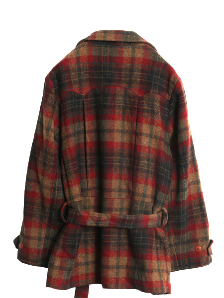 90s ウールリッチ チェック カーコート レディース L 古着 オールド ウール Pコート ダブルブレスト ジャケット ハーフ コート ベルト付き