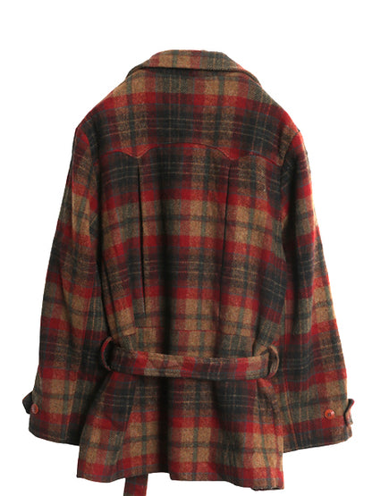 90s ウールリッチ チェック カーコート レディース L 古着 オールド ウール Pコート ダブルブレスト ジャケット ハーフ コート ベルト付き