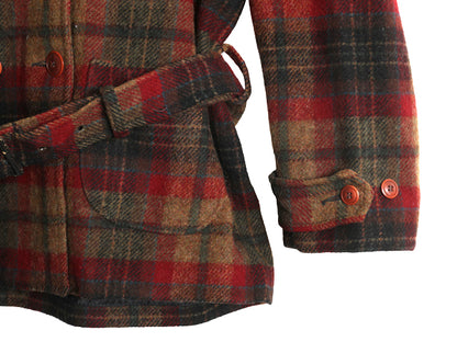 90s ウールリッチ チェック カーコート レディース L 古着 オールド ウール Pコート ダブルブレスト ジャケット ハーフ コート ベルト付き