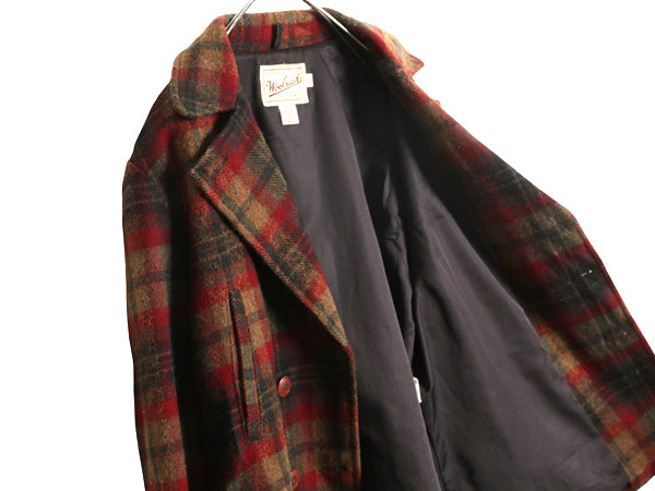 90s ウールリッチ チェック カーコート レディース L 古着 オールド ウール Pコート ダブルブレスト ジャケット ハーフ コート ベルト付き