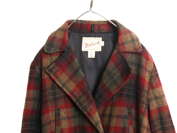 90s ウールリッチ チェック カーコート レディース L 古着 オールド ウール Pコート ダブルブレスト ジャケット ハーフ コート ベルト付き