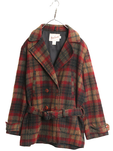 90s ウールリッチ チェック カーコート レディース L 古着 オールド ウール Pコート ダブルブレスト ジャケット ハーフ コート ベルト付き