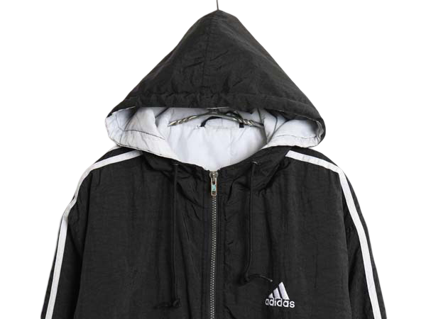 90s アディダス 中綿 ナイロン パーカー ジャケット メンズ L 程/ オールド ブルゾン ジャンパー フルジップ ハイネック 3ライン ブラック