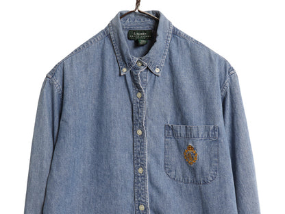 90s ローレン ラルフローレン ボタンダウン 長袖 デニム シャツ レディース M オールド ポロ コットン 長袖シャツ カジュアル ワンポイント
