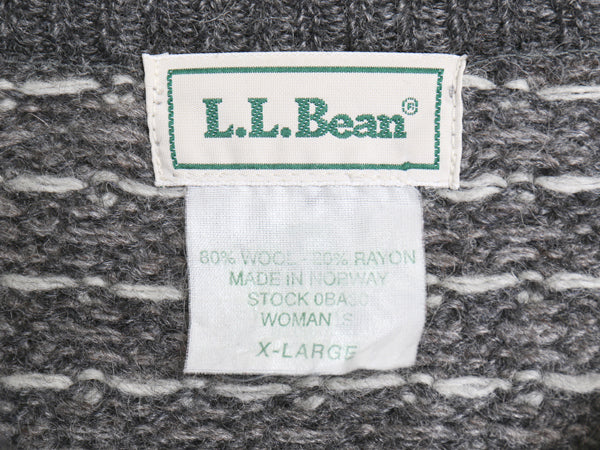 90s ノルウェー製 エルエルビーン バーズアイ ニット カーディガン レディース XL オールド ウール ノルディック 総柄 大きいサイズ グレー