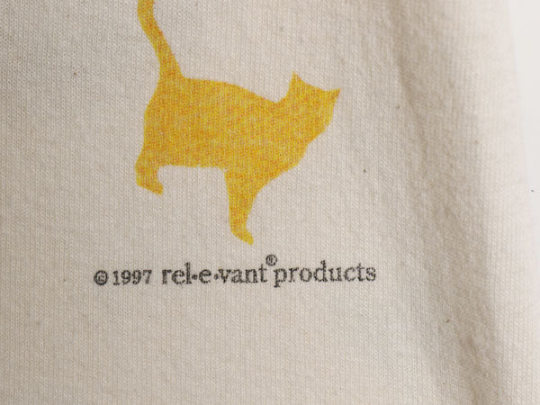 90s USA製 rel e vant products ネコ イラスト プリント 半袖 Tシャツ メンズ レディース M / オールド アート グラフィック アニマル 総柄