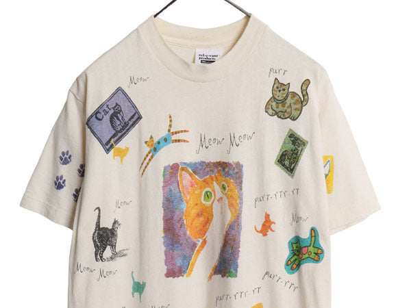 90s USA製 rel e vant products ネコ イラスト プリント 半袖 Tシャツ メンズ レディース M / オールド アート グラフィック アニマル 総柄
