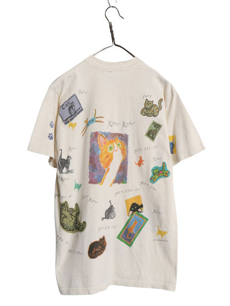 90s USA製 rel e vant products ネコ イラスト プリント 半袖 Tシャツ メンズ レディース M / オールド アート グラフィック アニマル 総柄